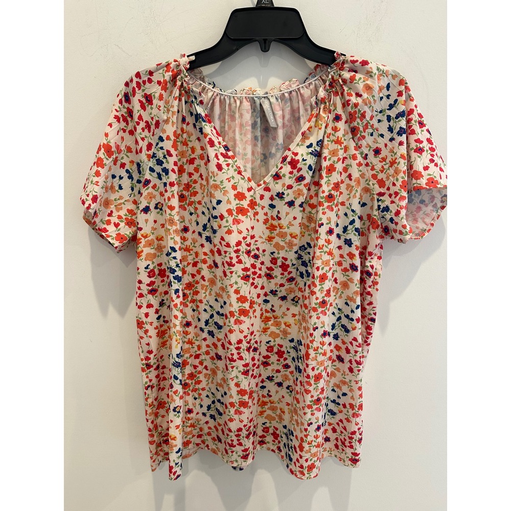 Noracora Women Floral V-Neck Blouse Short Sleeve Ruffle Neck Top Multi-Color L
